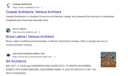 Search results showing an architecture firm ranking at the top—an example of successful SEO for architects