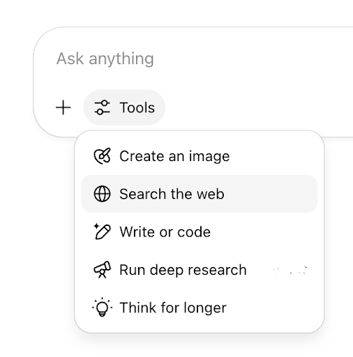 Screenshot showing the different ways to search on ChatGPT.
