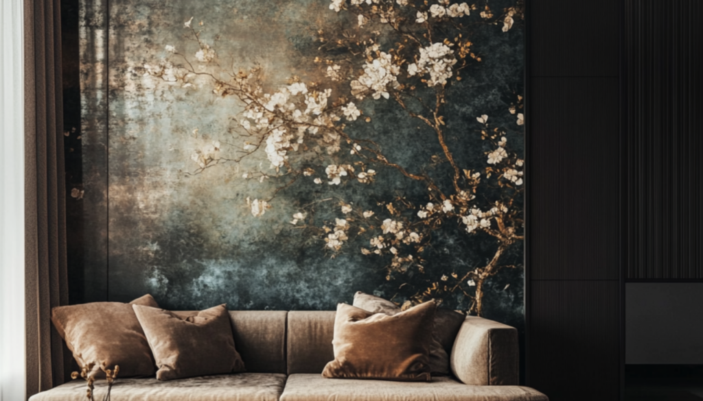 High-end living interior design featuring a luxury wallpaper, leather couch, and a feature wall. Emphasizes how to get your interior design business mentioned on ChatGPT.