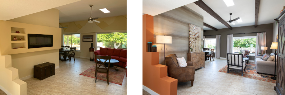 Before and after photos of a living room redesigned by an interior designer