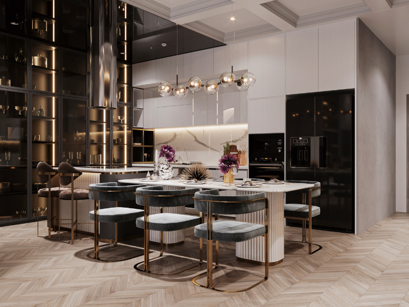 Boldly designed luxury kitchen with floor-to-ceiling glass cabinet storage, modern appliances, white kitchen cabinets, modern black appliances, a modern kitchen island with seating with chrome, an org chandelier, and purple orchids