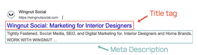 Screenshot of a Google result for Wingnut Social: Marketing for Interior Designers showing the title tag and the meta description